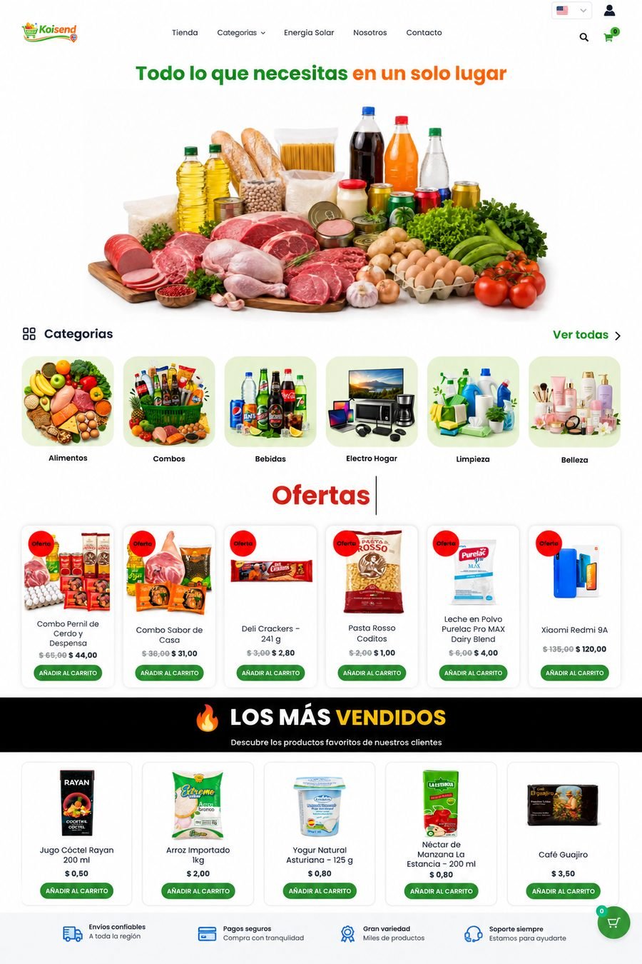 Captura real del sitio Koisend (koisend.com): tienda online de víveres, combos y productos